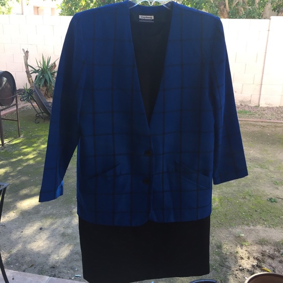Vintage Black Blue Sz 14 Dress and Jacket Set Suit - Picture 1 of 7